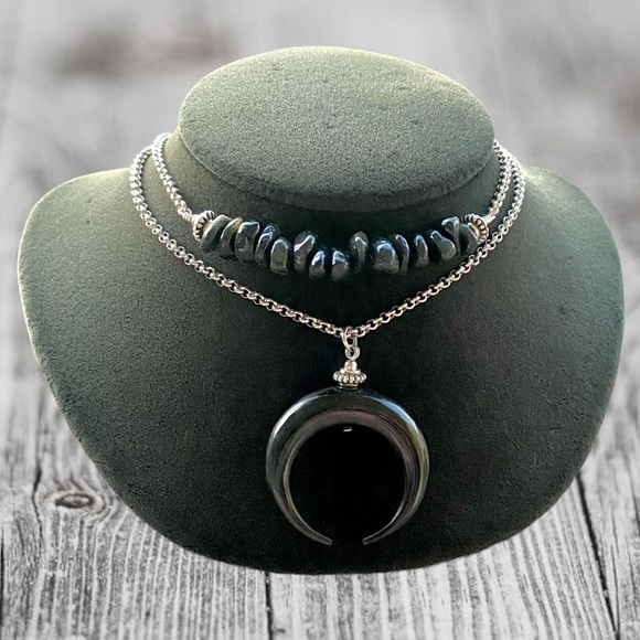 Moon choker necklace . Double layer onyx chips & black moon charm .  goth boho - Picture 1 of 13